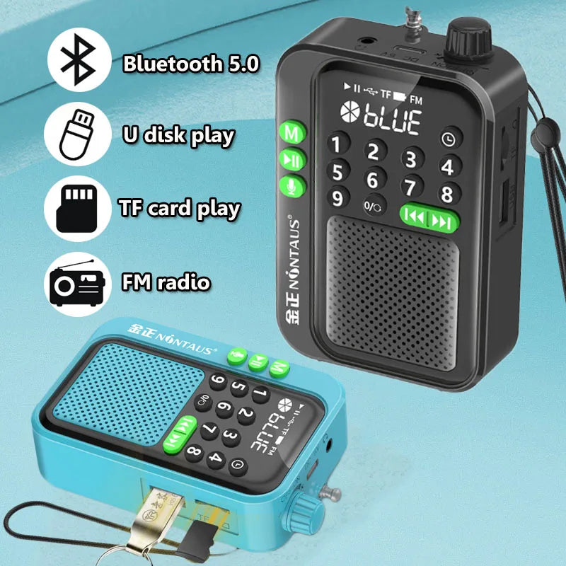 Black and blue portable wireless bluetooth speaker with green buttons usb tf card slots and portable fm radio function