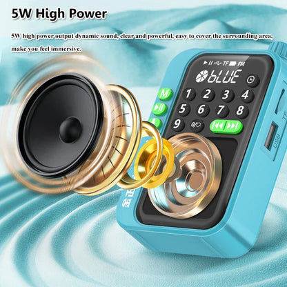 Light blue plastic portable fm radio wireless bluetooth speaker with gold internal components and black control panel with green buttons