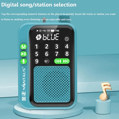 Light blue plastic portable fm radio wireless bluetooth speaker with black digital display and numeric keypad for music mp3 player