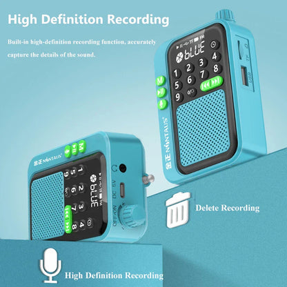 Light blue plastic portable fm radio with green buttons and black screen wireless bluetooth speaker and music mp3 player