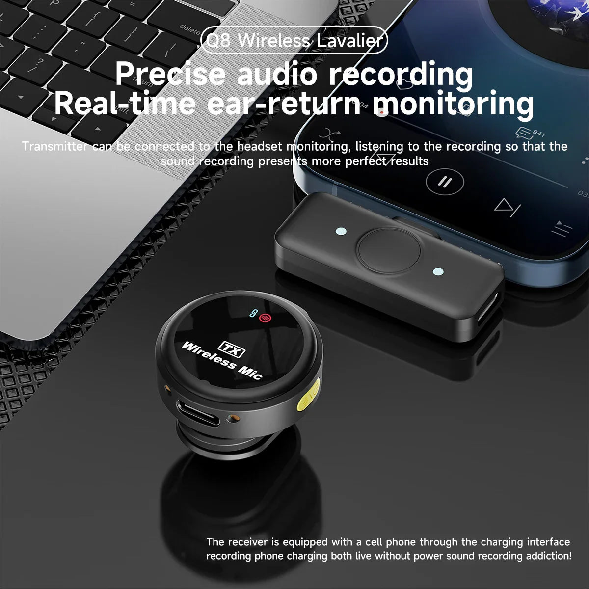 Black wireless lavalier microphone with yellow accent button featuring microphone noise reduction for live broadcast gaming