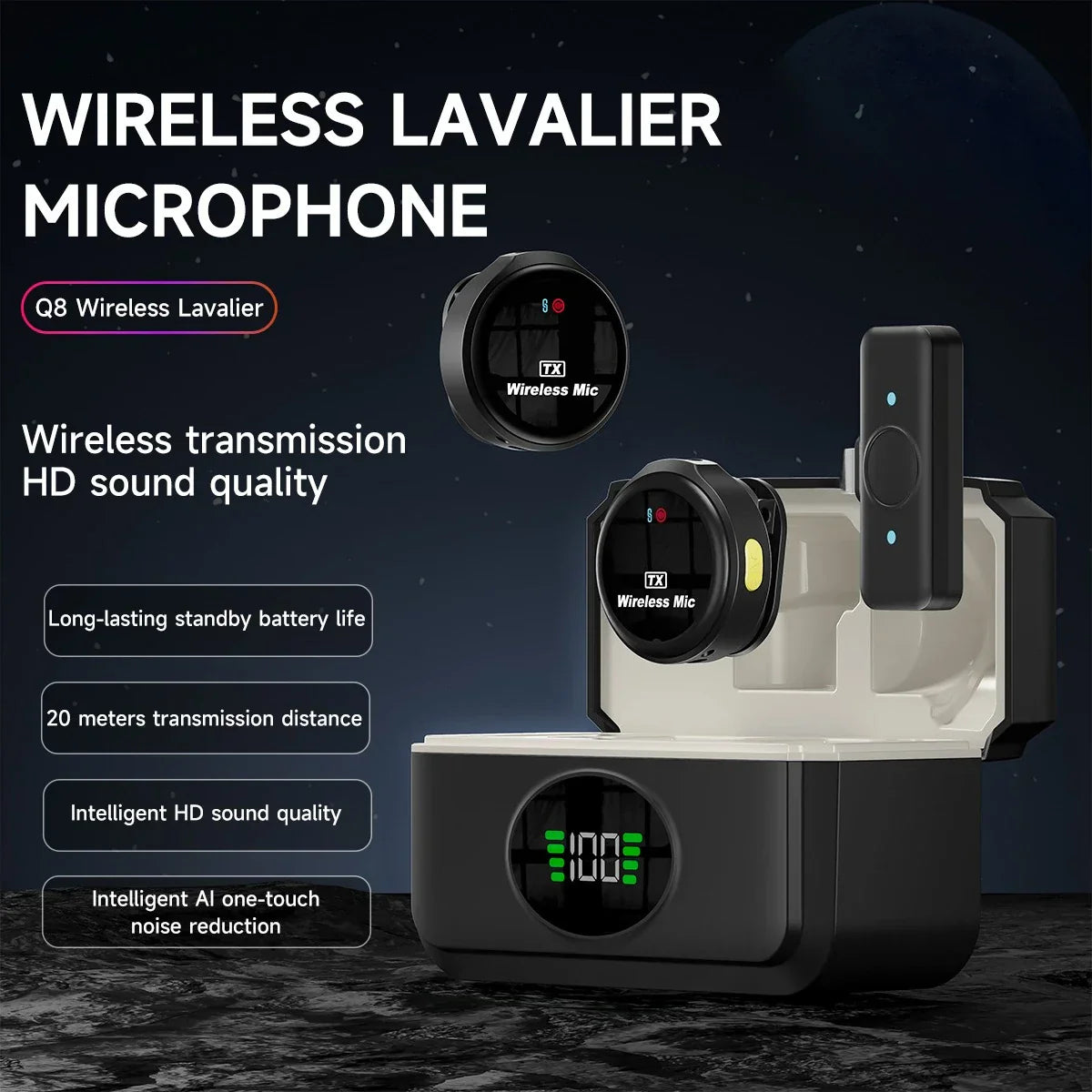 Black q8 wireless lavalier microphone with noise reduction and digital display for live broadcast gaming and recording