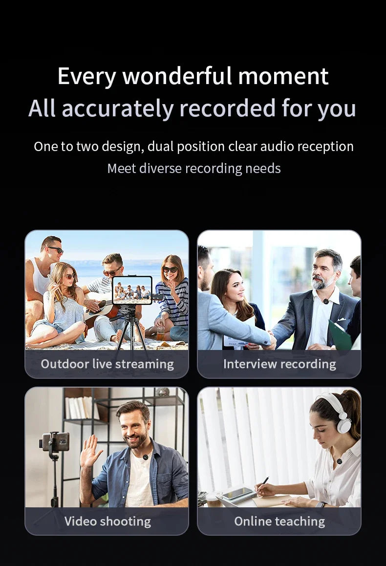 Black wireless lavalier microphone with compact design and microphone noise reduction for live broadcast gaming and recording