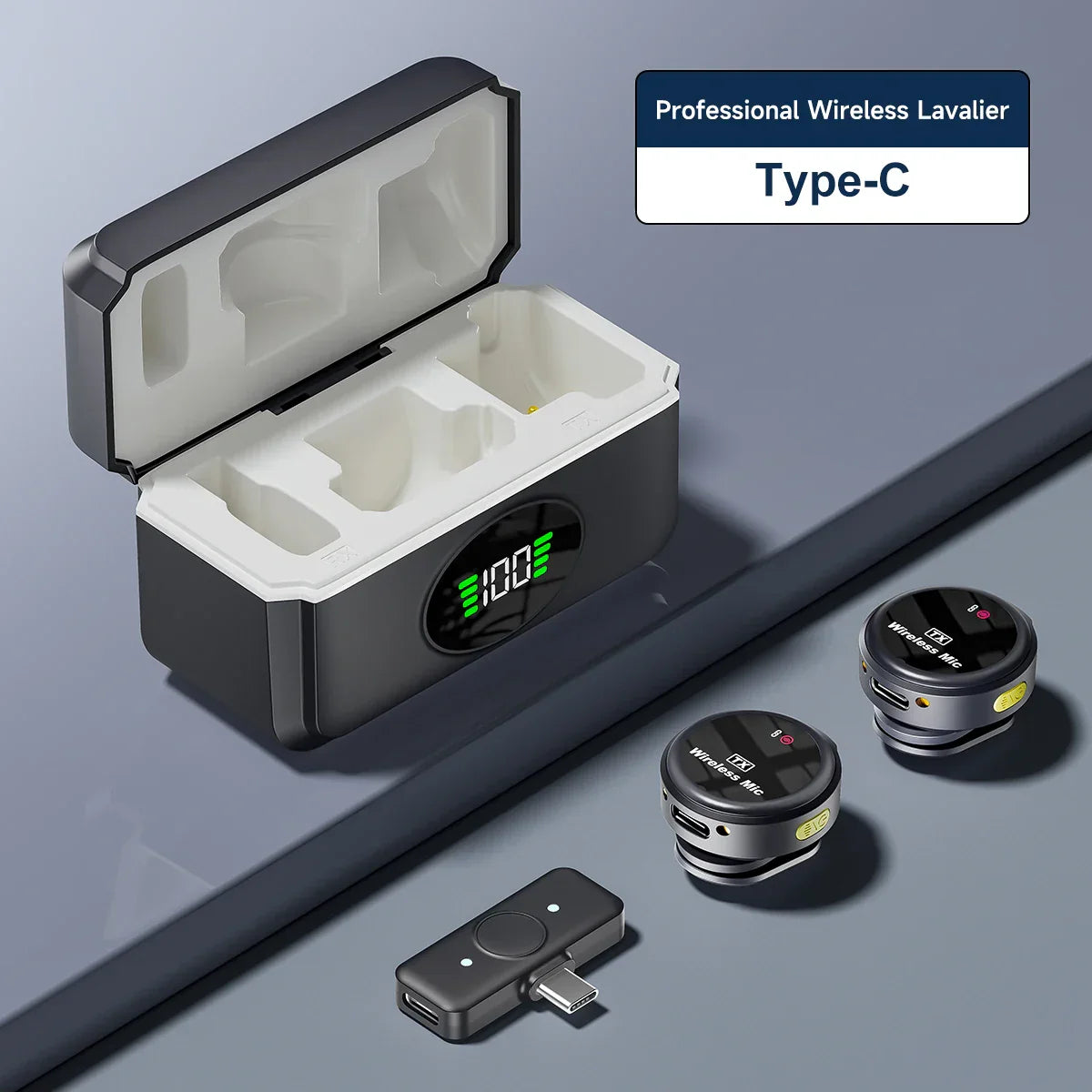 Black and white wireless lavalier microphone with noise reduction in a charging case showing 100 percent battery for live broadcast gaming