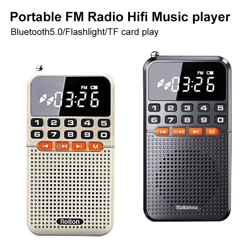 Two mini radio portable walkman radios bluetooth in cream and black with digital display orange buttons and speaker tf card slot
