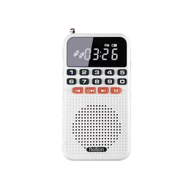 White rolton mini radio portable with black digital display, orange buttons, speaker tf card and walkman radios bluetooth features