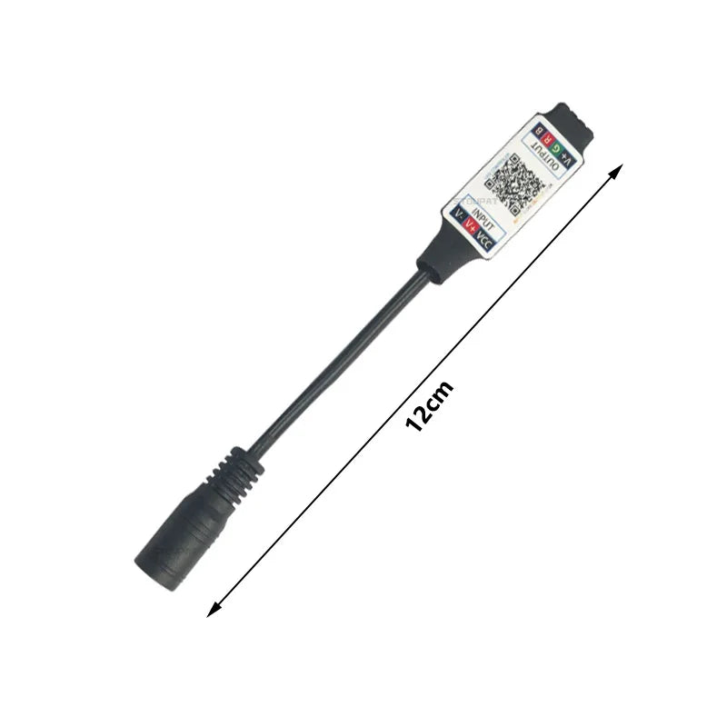 Black 12cm mini rgb bluetooth-compatible light strip controller with labeled input output ports and qr code on white label