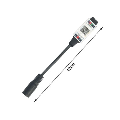 Black 12cm mini rgb bluetooth-compatible light strip controller with labeled input output ports and qr code on white label