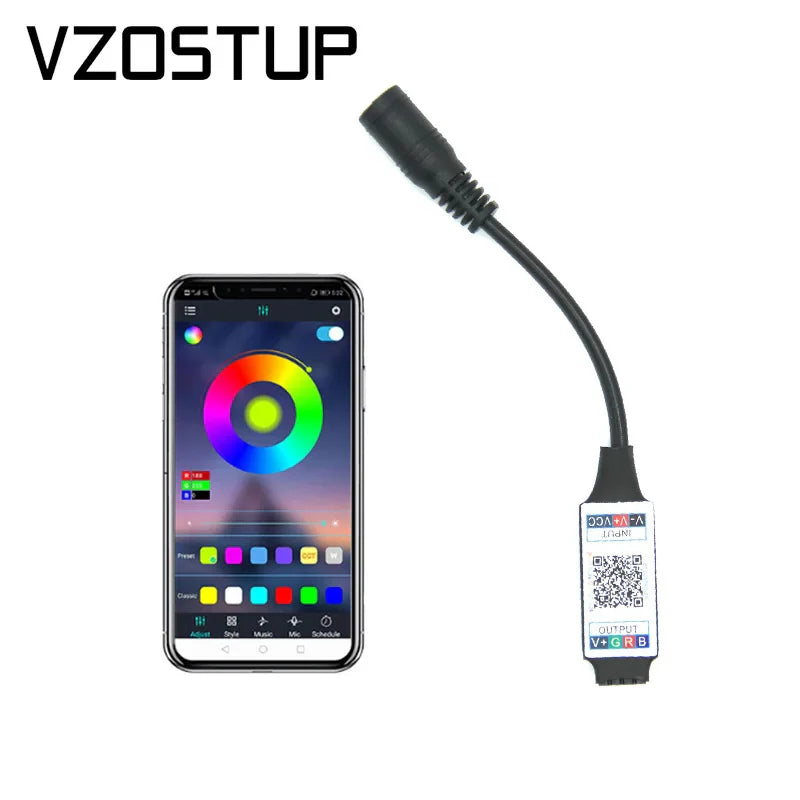 Black mini rgb bluetooth-compatible light strip controller adapter with flexible cable and labeled output ports for music bluetooth smd use