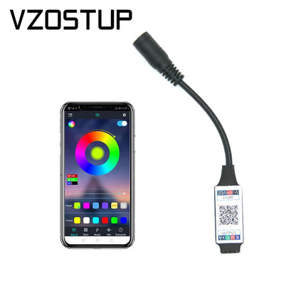Black mini rgb bluetooth-compatible light strip controller adapter with flexible cable and labeled output ports for music bluetooth smd use