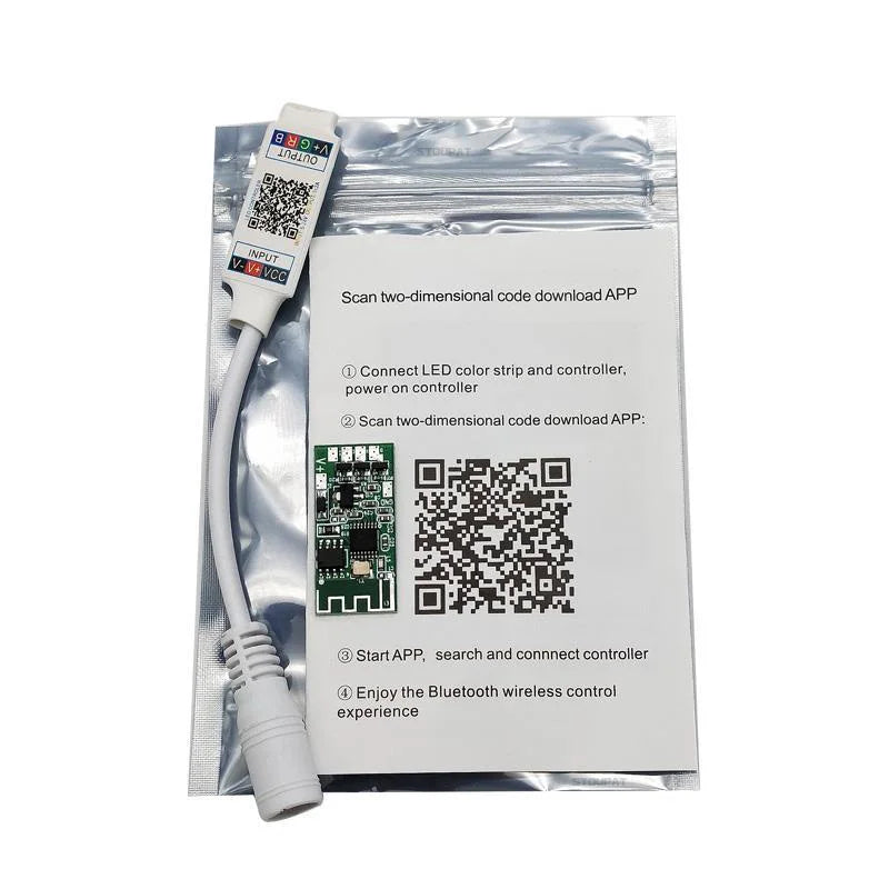 White plastic mini rgb bluetooth-compatible light strip controller with short cable and printed instructions on packaging