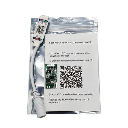 White plastic mini rgb bluetooth-compatible light strip controller with short cable and printed instructions on packaging