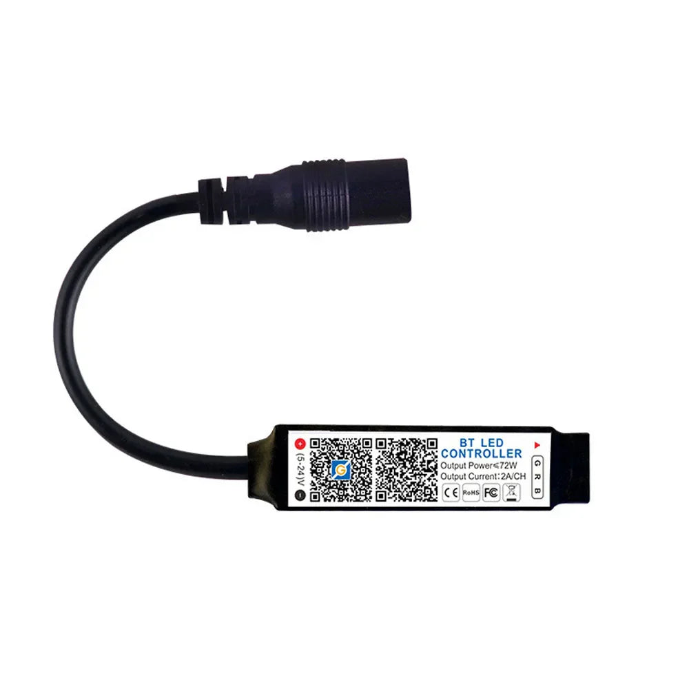 Black mini rgb bluetooth-compatible controller music led with curved power cable and labeled specifications for tape lights smart app