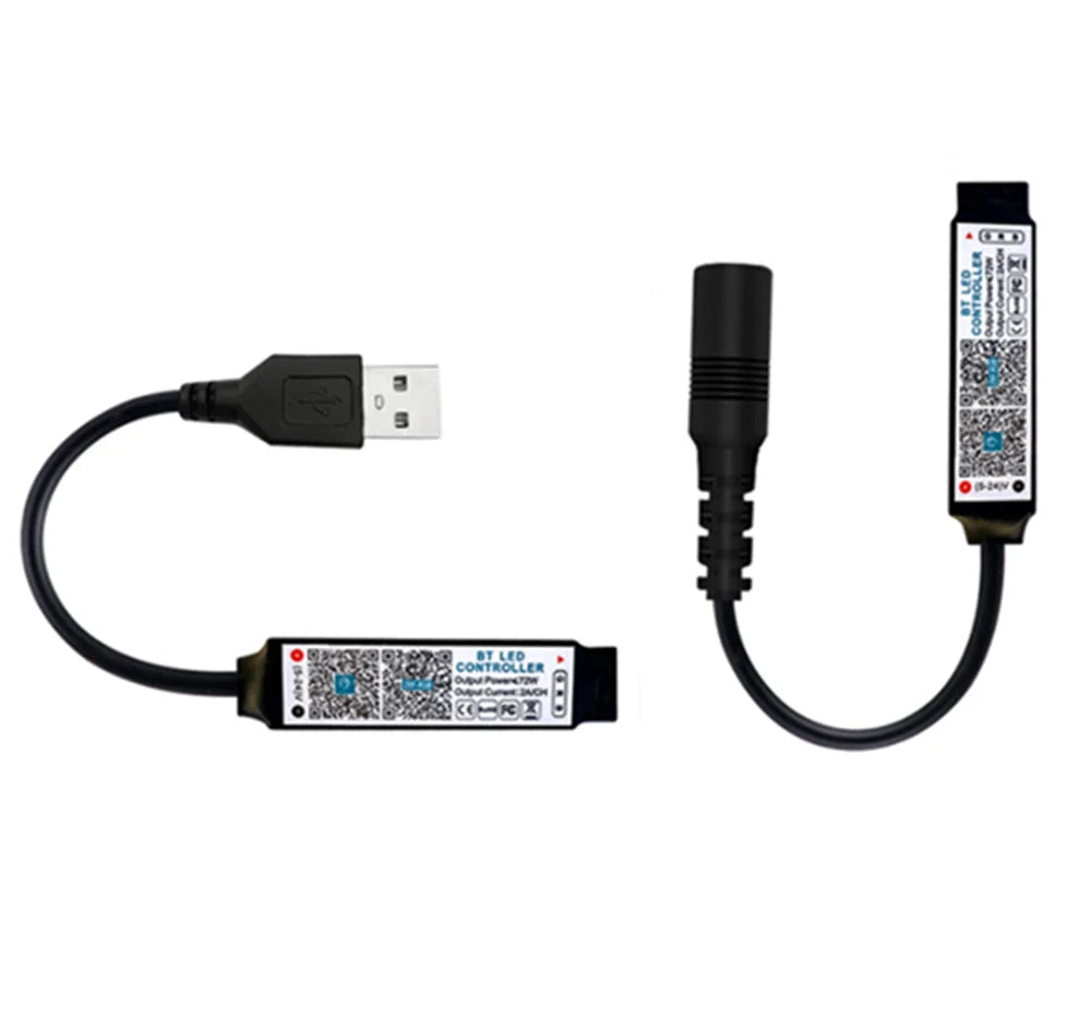 Black usb-to-bt led controller adapter with cylindrical connector and printed specs for controller music led tape lights smart app use