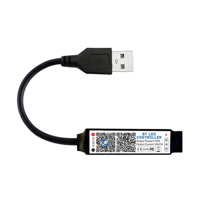Black usb-to-bt controller music led with curved cable and labeled specifications for tape lights smart app control