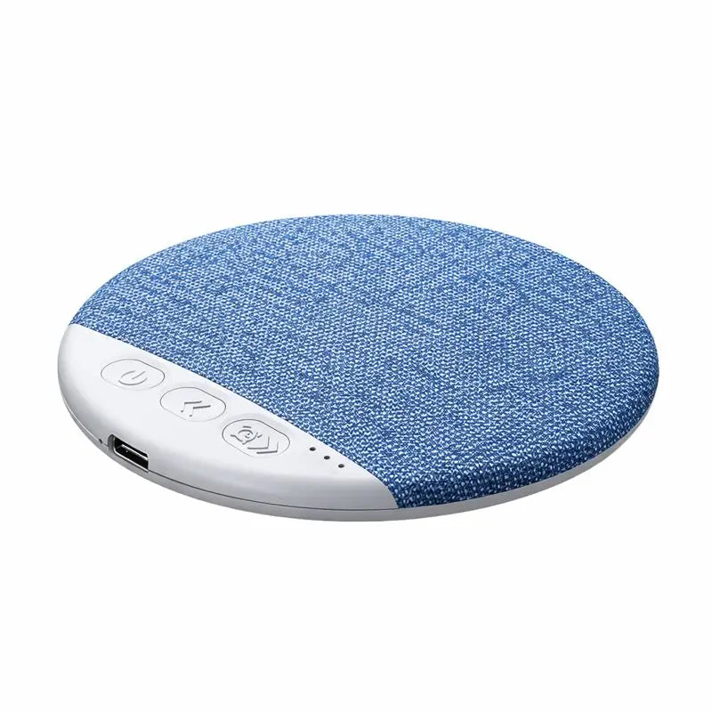 Blue denim-textured wireless charging pad with white control panel and usb port for bluetooth speaker nature and white noise soundbar