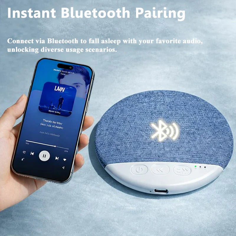 Blue denim-textured circular bluetooth speaker nature wireless mp3 music white noise soundbar with glowing bluetooth symbol