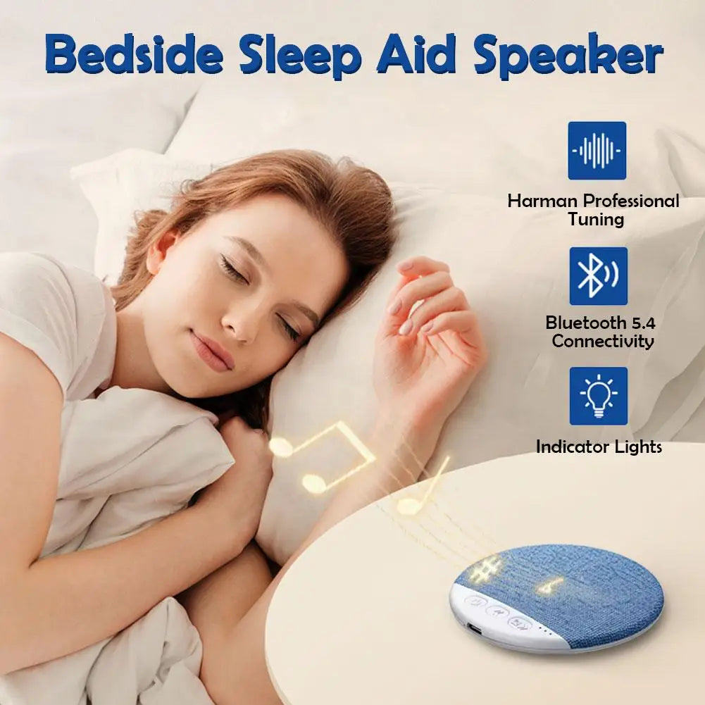 Blue textured circular mini sleeping bluetooth speaker with white edges and indicator lights for wireless noise soundbar use