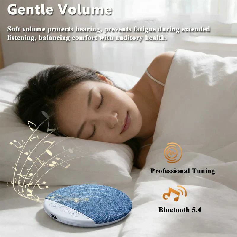 Blue textured circular bluetooth speaker nature with white accents and control buttons for wireless mp3 music and white noise soundbar