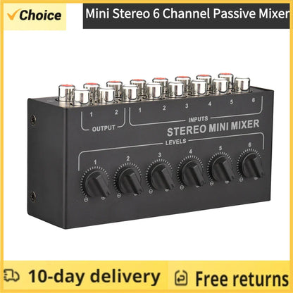Black mini stereo 6 channel passive mixer rca with silver jacks and distributor volume control for portable audio use