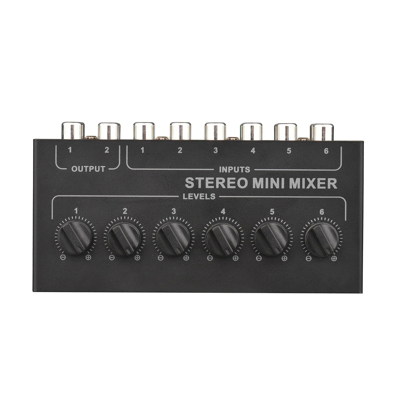 Black mini stereo 6 channel passive mixer rca with six silver input jacks and black rotary distributor volume control knobs