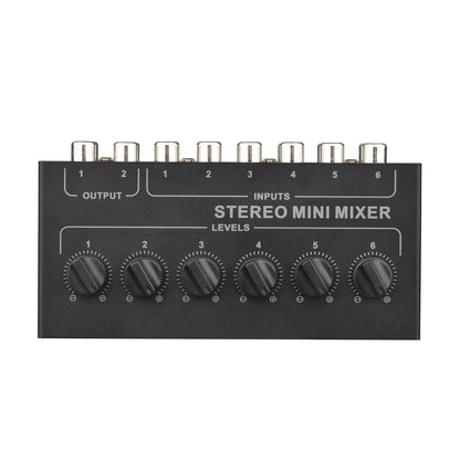 Black mini stereo 6 channel passive mixer rca with six silver input jacks and black rotary distributor volume control knobs