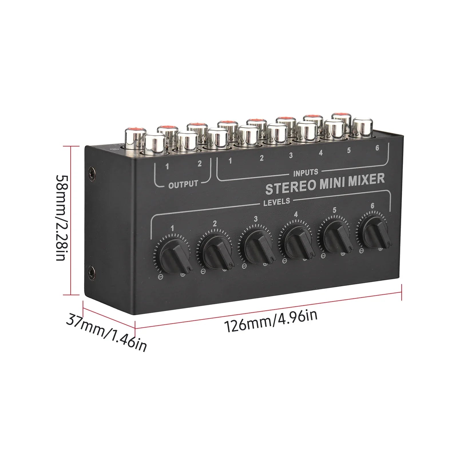 Black mini stereo 6 channel passive mixer rca with six silver input jacks and six black rotary distributor volume control knobs