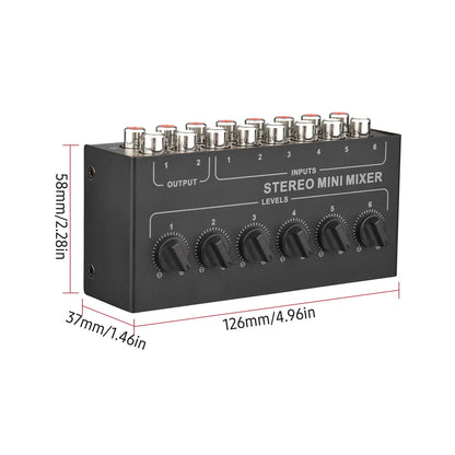 Black mini stereo 6 channel passive mixer rca with six silver input jacks and six black rotary distributor volume control knobs