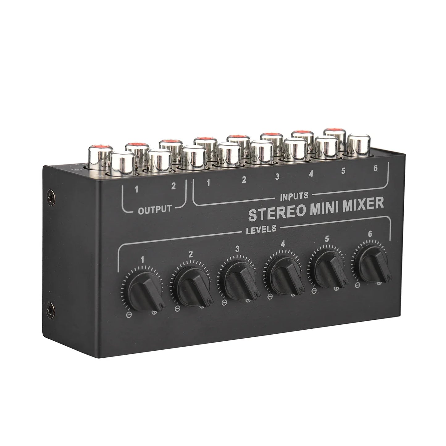 Black mini stereo 6 channel passive mixer rca with six silver input jacks and distributor volume control knobs