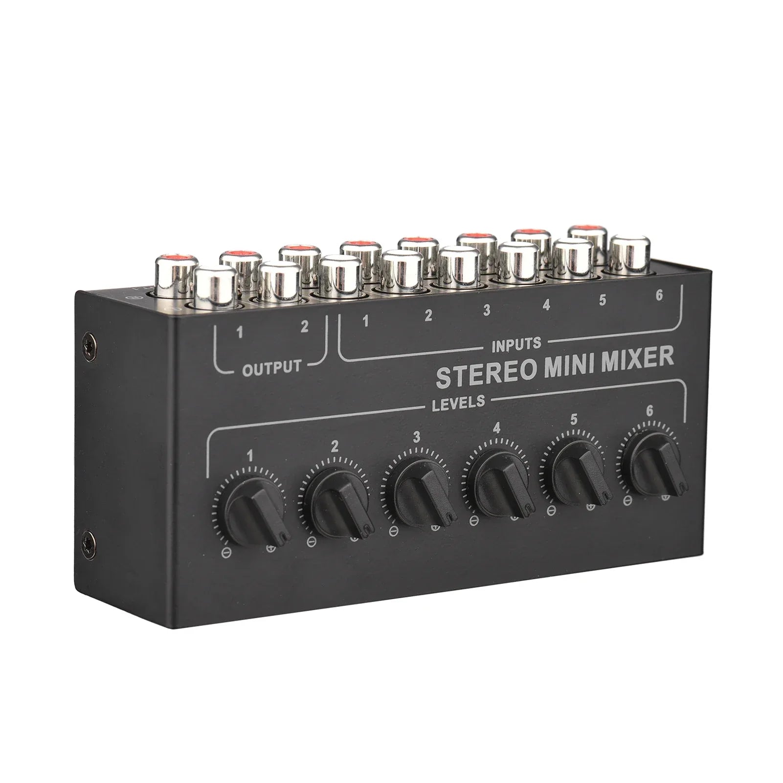 Black mini stereo 6 channel passive mixer rca with six silver input jacks and distributor volume control knobs