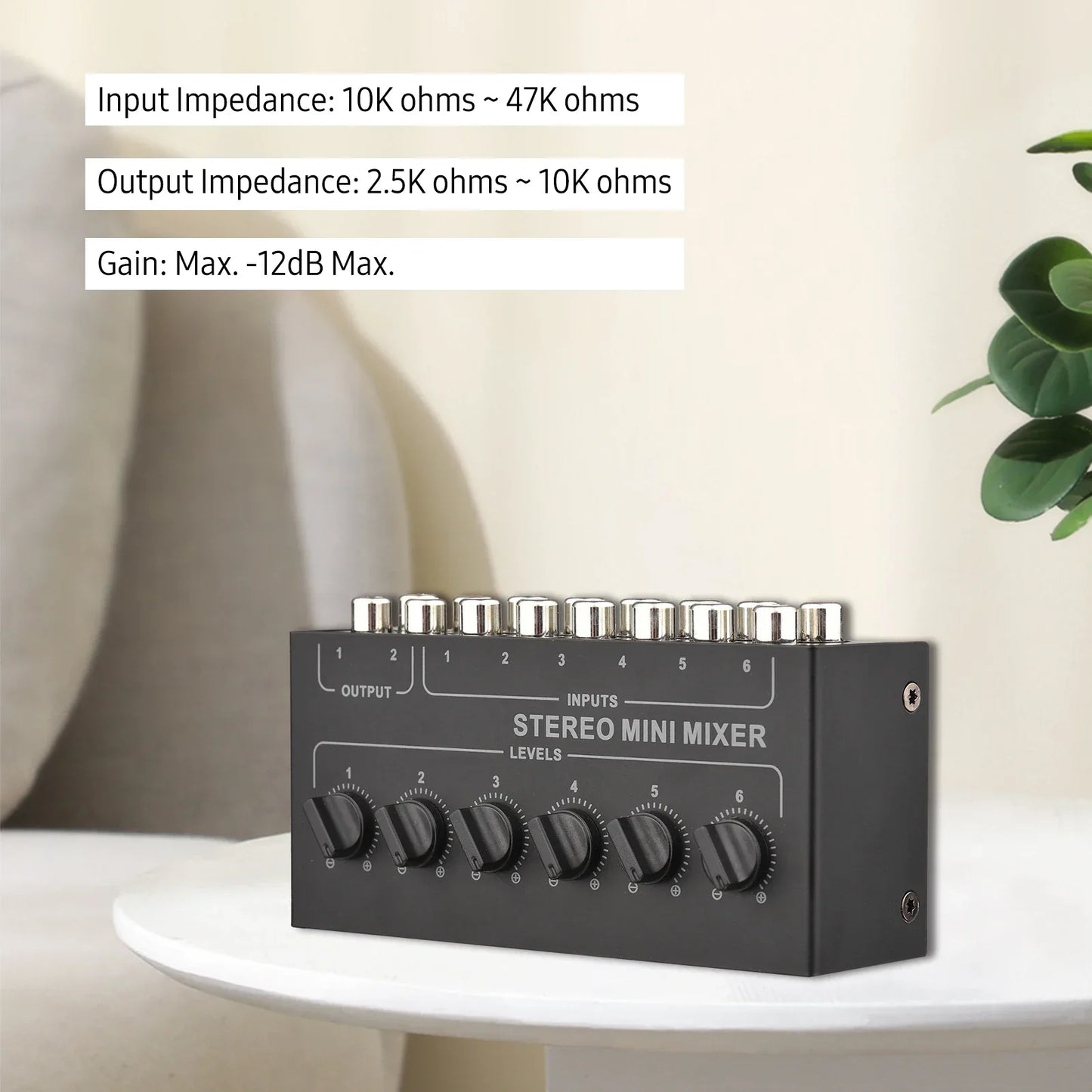 Black mini stereo 6 channel passive mixer rca with six silver input jacks and rotary distributor volume control knobs