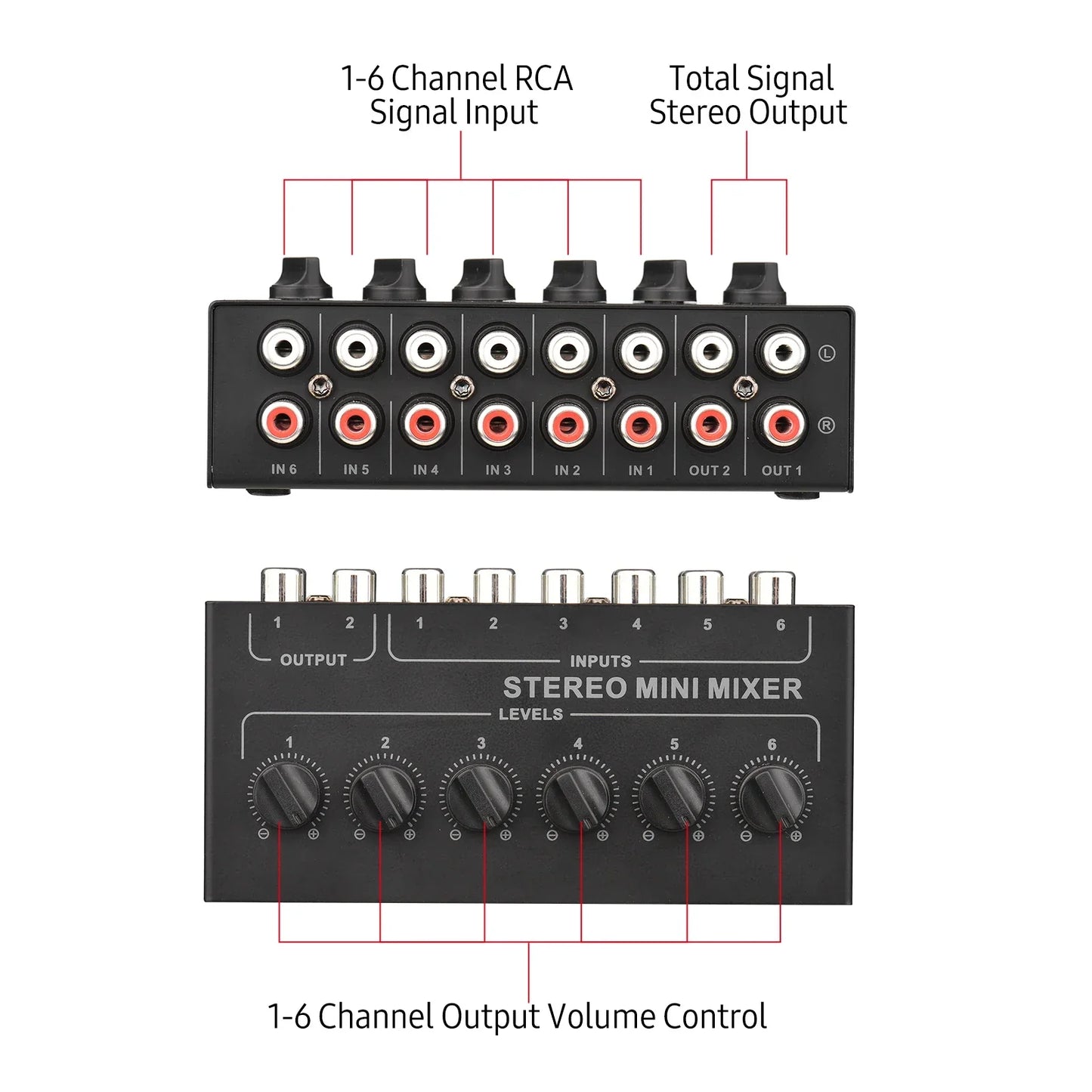 Black mini stereo 6 channel passive mixer rca with volume control knobs and 6 in 2 out distributor volume control