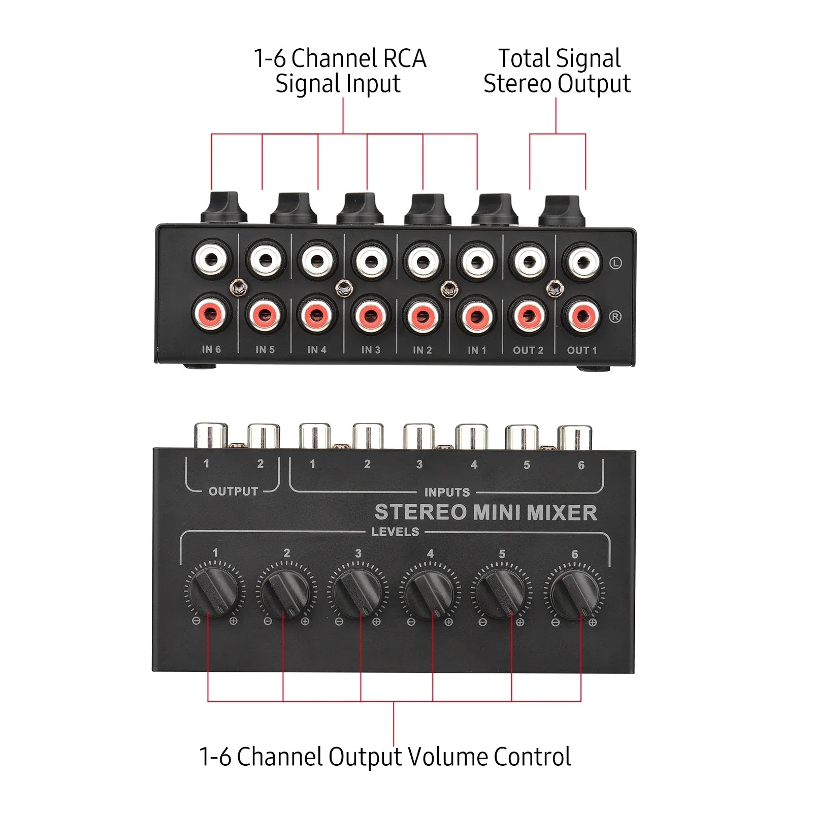Black mini stereo 6 channel passive mixer rca with volume control knobs and 6 in 2 out distributor volume control