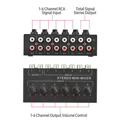 Black mini stereo 6 channel passive mixer rca with volume control knobs and 6 in 2 out distributor volume control