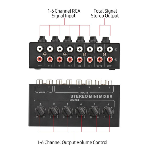 Black mini stereo 6 channel passive mixer rca with volume control knobs and 6 in 2 out distributor volume control