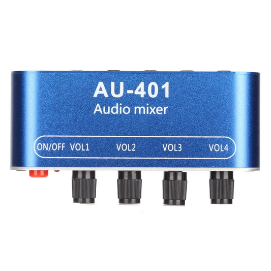 Blue au-401 mini stereo mixer with black volume knobs and red power switch for sound selector amplifier use