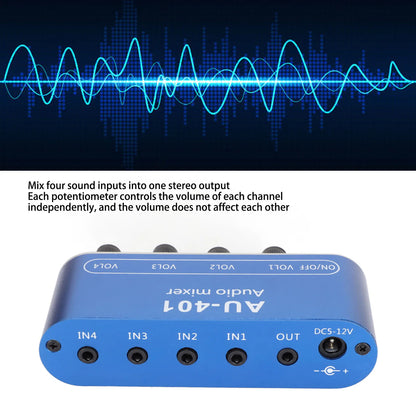 Blue au-401 mini stereo mixer with four input jacks and independent volume controls as a sound selector amplifier