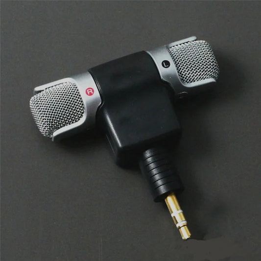 Black and silver dual-channel stereo recording microphone adapter with mesh grilles labeled l and r and 3.5mm jack for type beat music