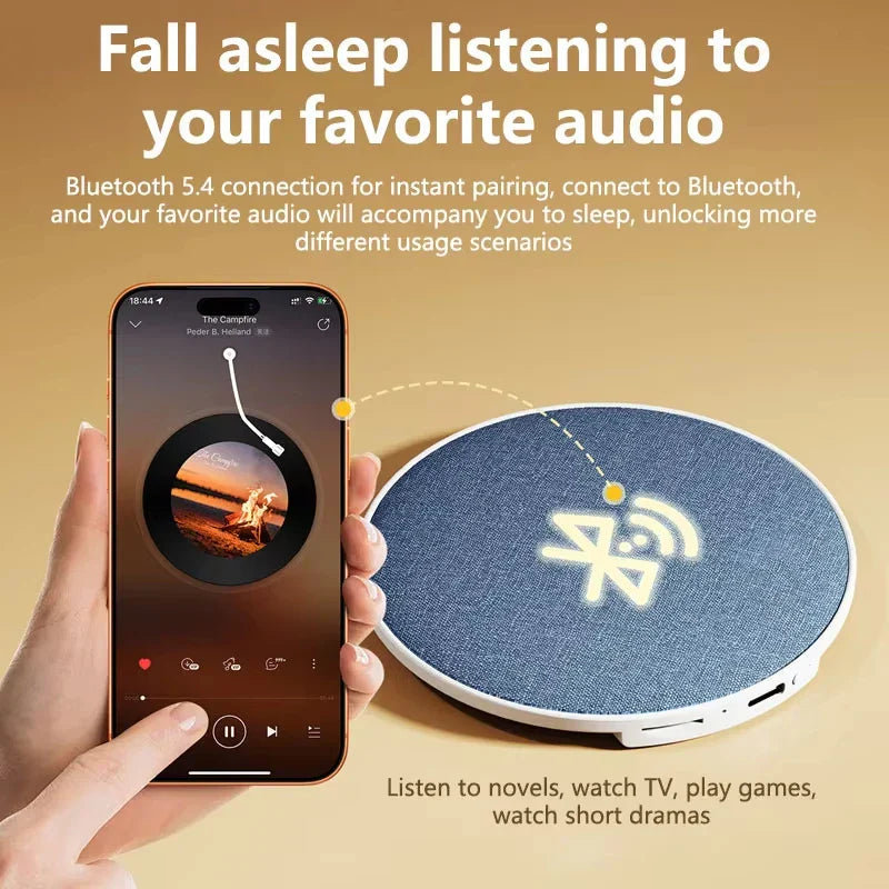 Blue circular bluetooth mini under pillow sleep speaker with textured fabric and white accents for home sleep sound equipment