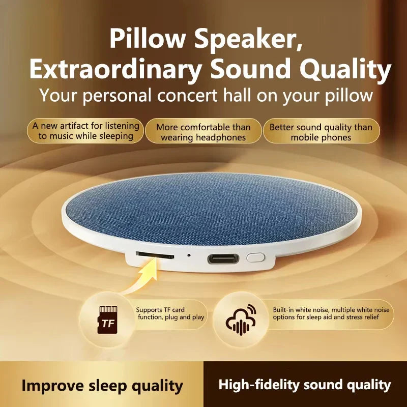Blue denim-textured mini under pillow sleep speaker with white plastic rim usb-c port for dynamic sound wireless home sleep sound equipment