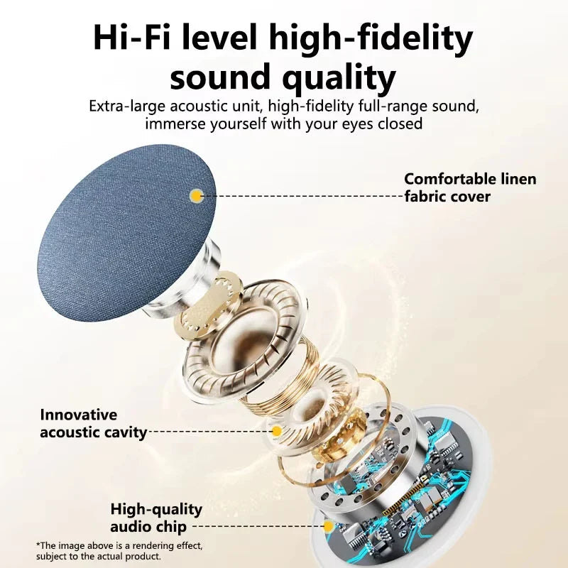 Blue linen fabric covered circular mini under pillow sleep speaker with gold acoustic cavity for home sleep sound equipment
