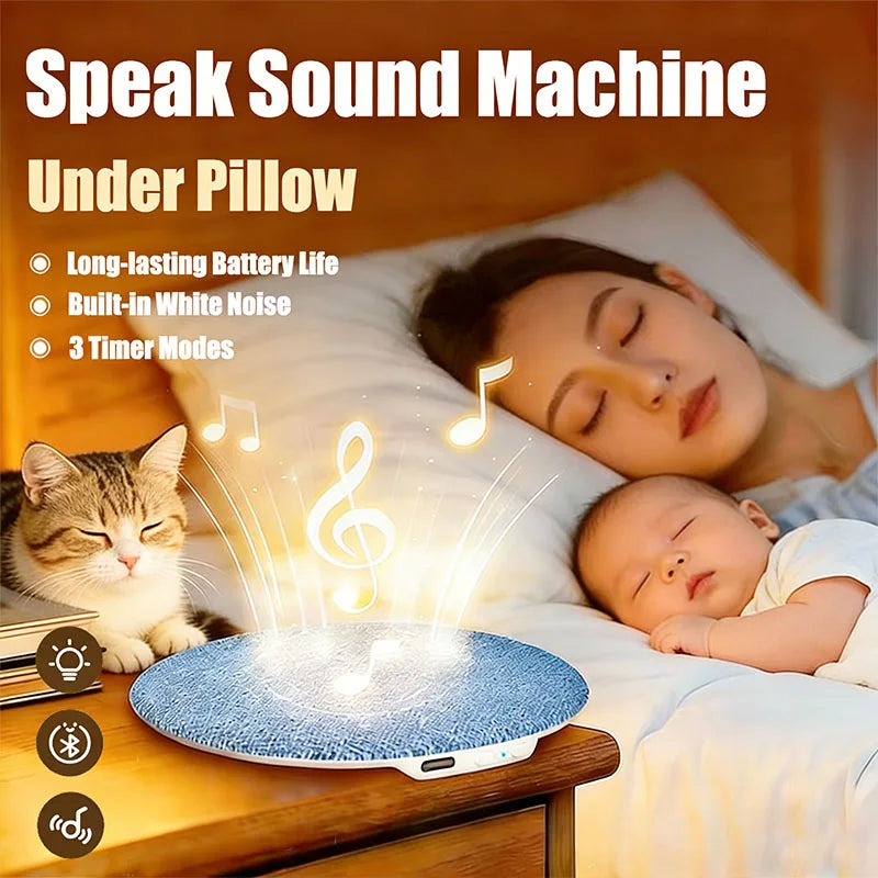 Blue textured circular mini under pillow sleep speaker with white base and glowing light for dynamic sound wireless home sleep sound equipment