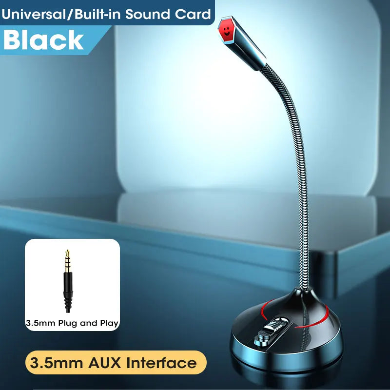 Black mini usb microphone studio wired microphone with flexible gooseneck and red smiley face detail with 3.5mm jack plug