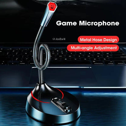 Silver mini usb microphone studio with red smiley face and flexible metal hose design with 3.5mm jack plug