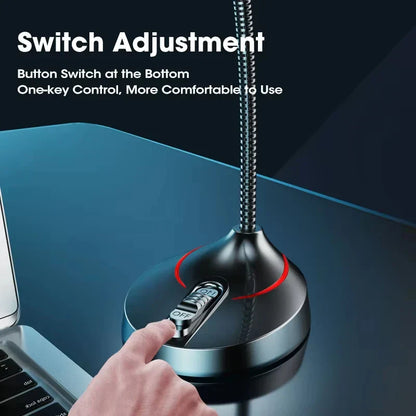 A sleek black and silver mini usb microphone studio with flexible gooseneck and 3.5mm jack plug for pc use