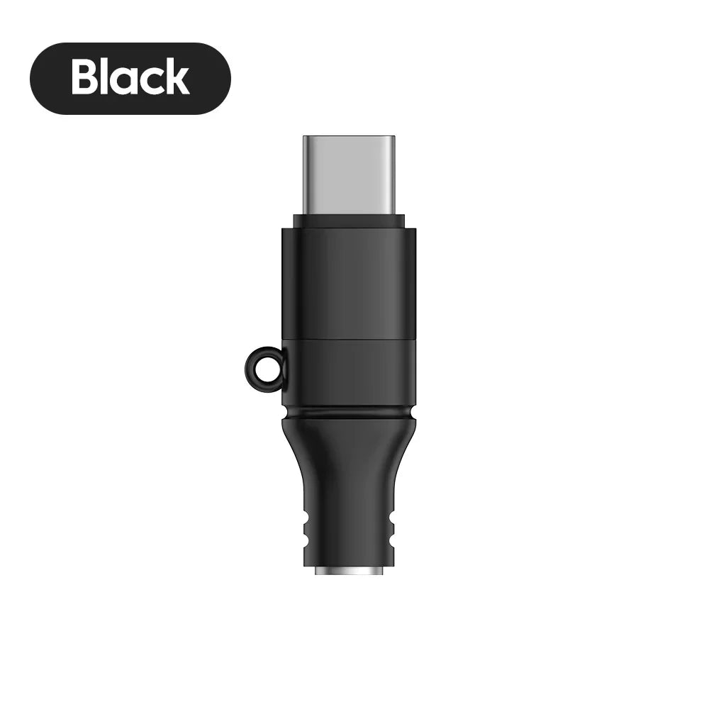 Black mini USB type c aux audio adapter with loop attachment for jack earphone adapter use in cars