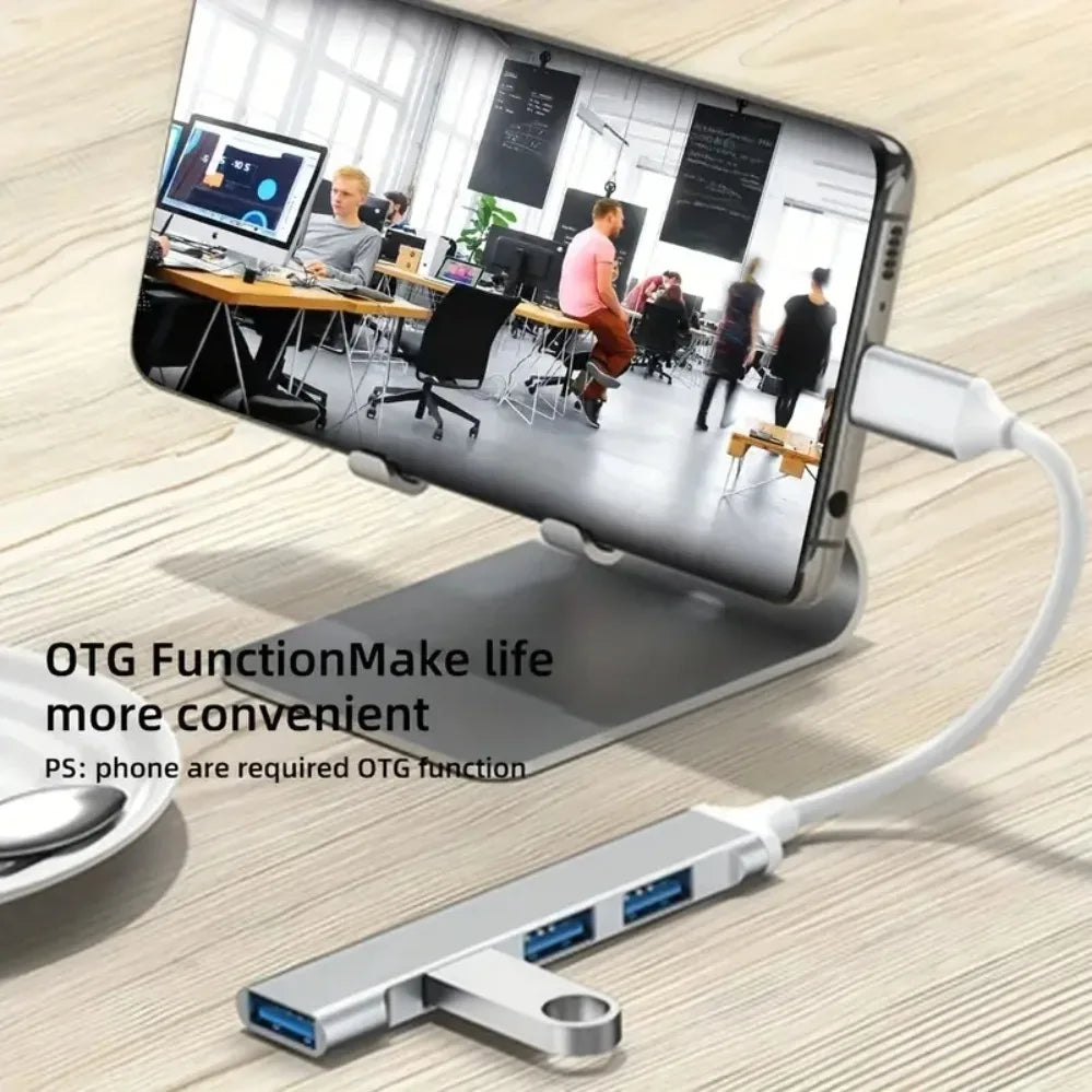 Silver mini usb type c hub with drag four expanders and curved cable for high speed transmission usb dock use