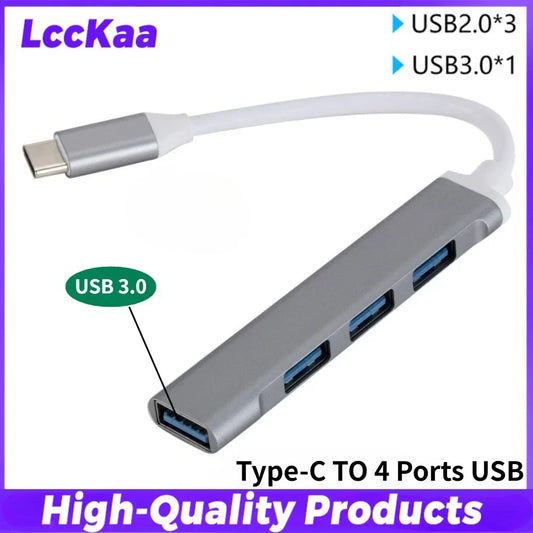 Gray metallic type c hub with one usb 3.0 and three usb 2.0 ports featuring white flexible cable for transmission usb dock drag four expanders
