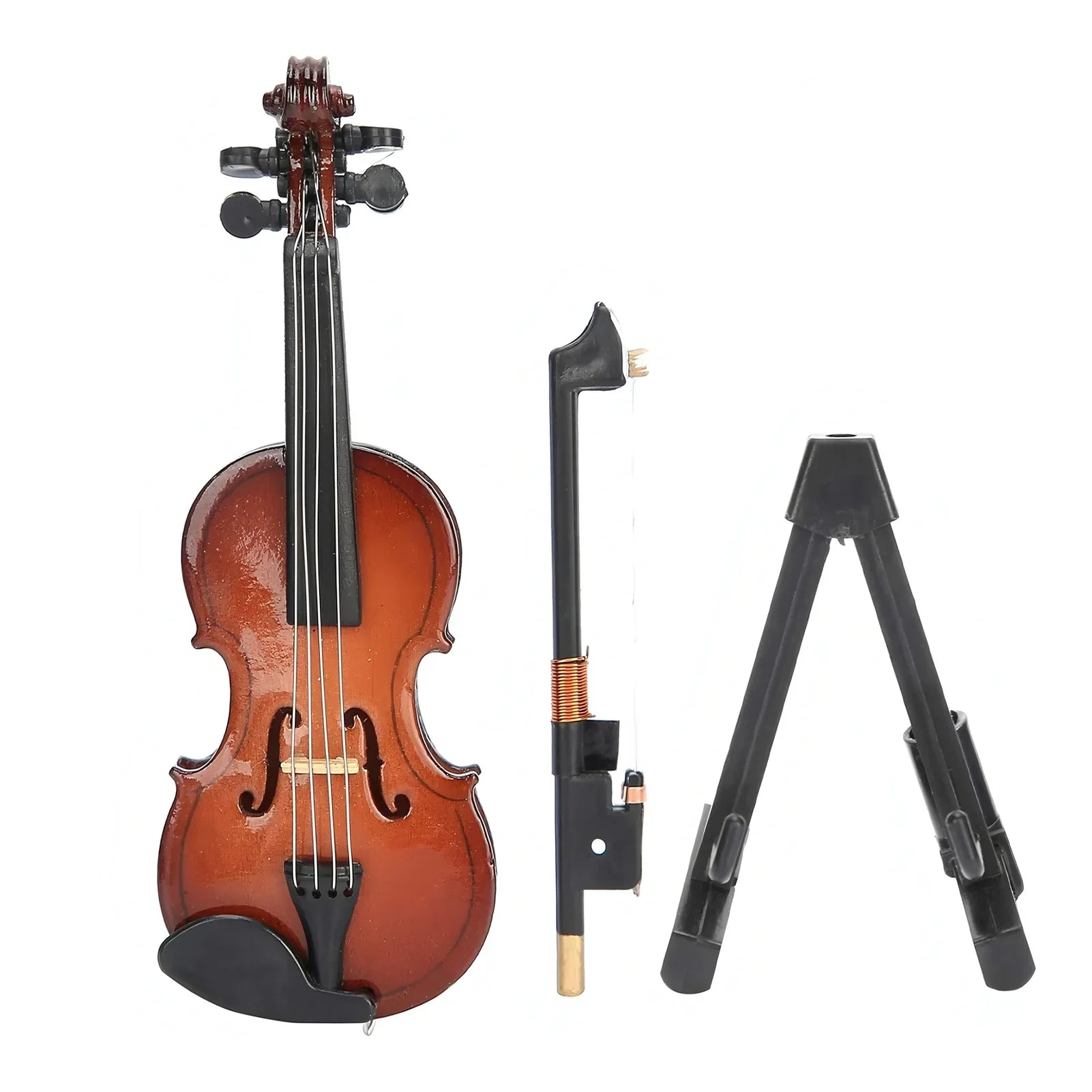 Mini violin model with glossy brown varnished body black scroll and fittings with stand basswood wooden for musicians music lovers
