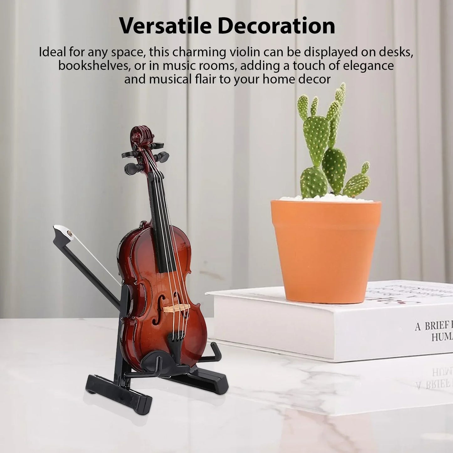 Mini violin model with glossy reddish-brown finish and black strings on stand basswood wooden for musicians music lovers display